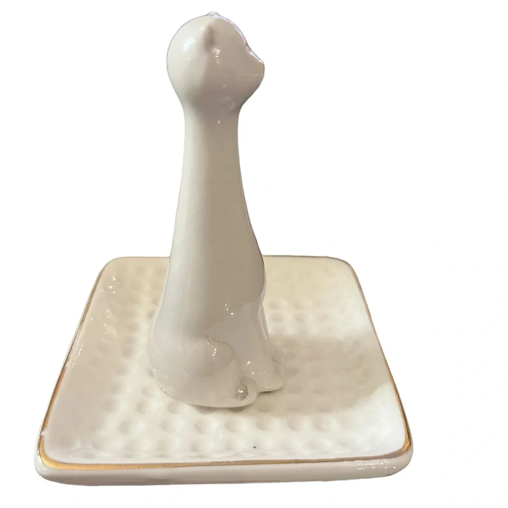 Whimsical Kitty Cat Trinket Tray White Ceramic Gold Accented‎